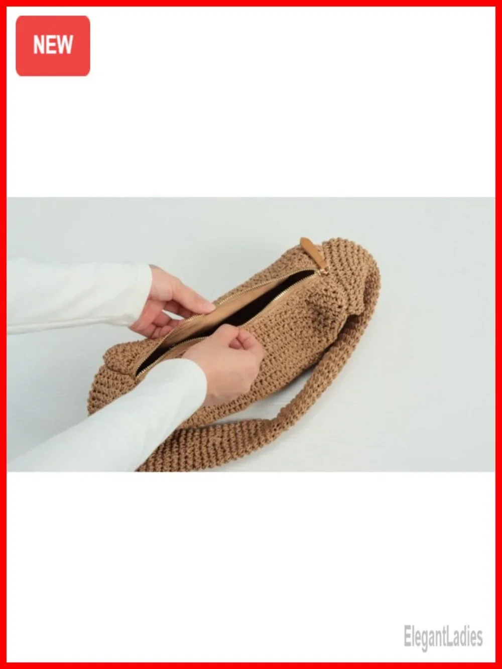 Crochet Straw Beach Bag Woven Hobo Shoulder Bag Half Moon Tote Purse with Zipper